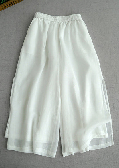 Blue Pockets Elastic Waist Cotton Crop Pants Summer
