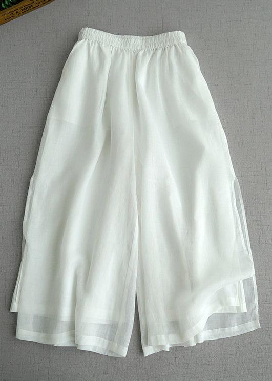 Blue Pockets Elastic Waist Cotton Crop Pants Summer