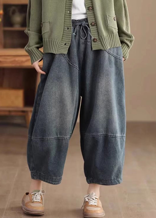 Blue Pockets Elastic Waist Cotton Harem Pants Spring