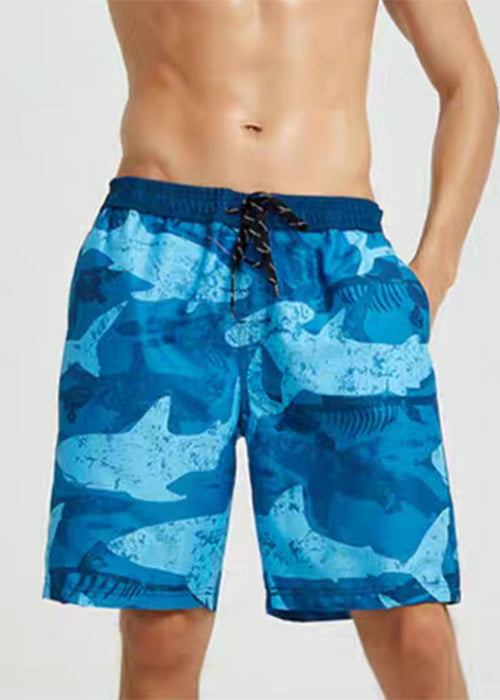 Blue Pockets Elastic Waist Cotton Shorts Summer