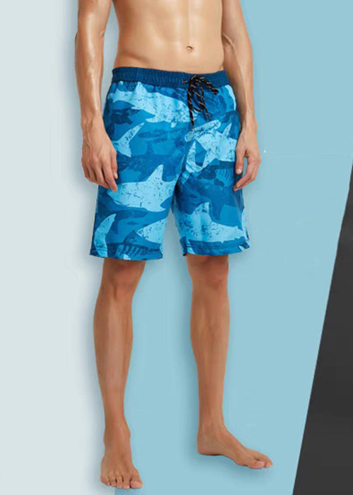 Blue Pockets Elastic Waist Cotton Shorts Summer