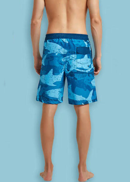 Blue Pockets Elastic Waist Cotton Shorts Summer