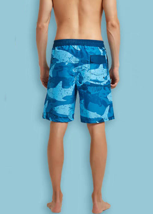 Blue Pockets Elastic Waist Cotton Shorts Summer