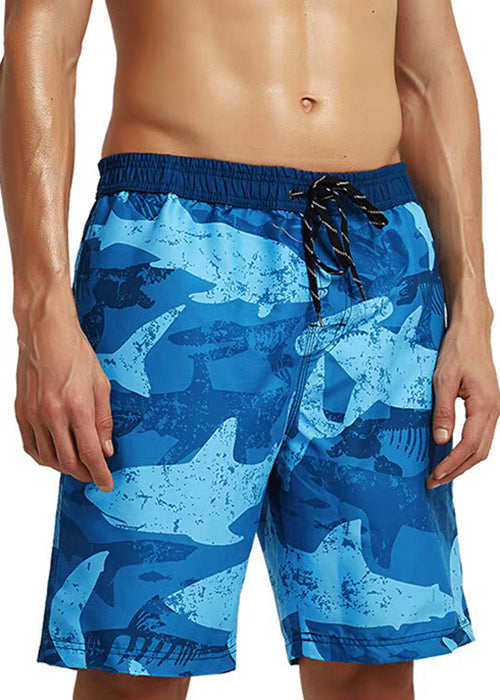 Blue Pockets Elastic Waist Cotton Shorts Summer