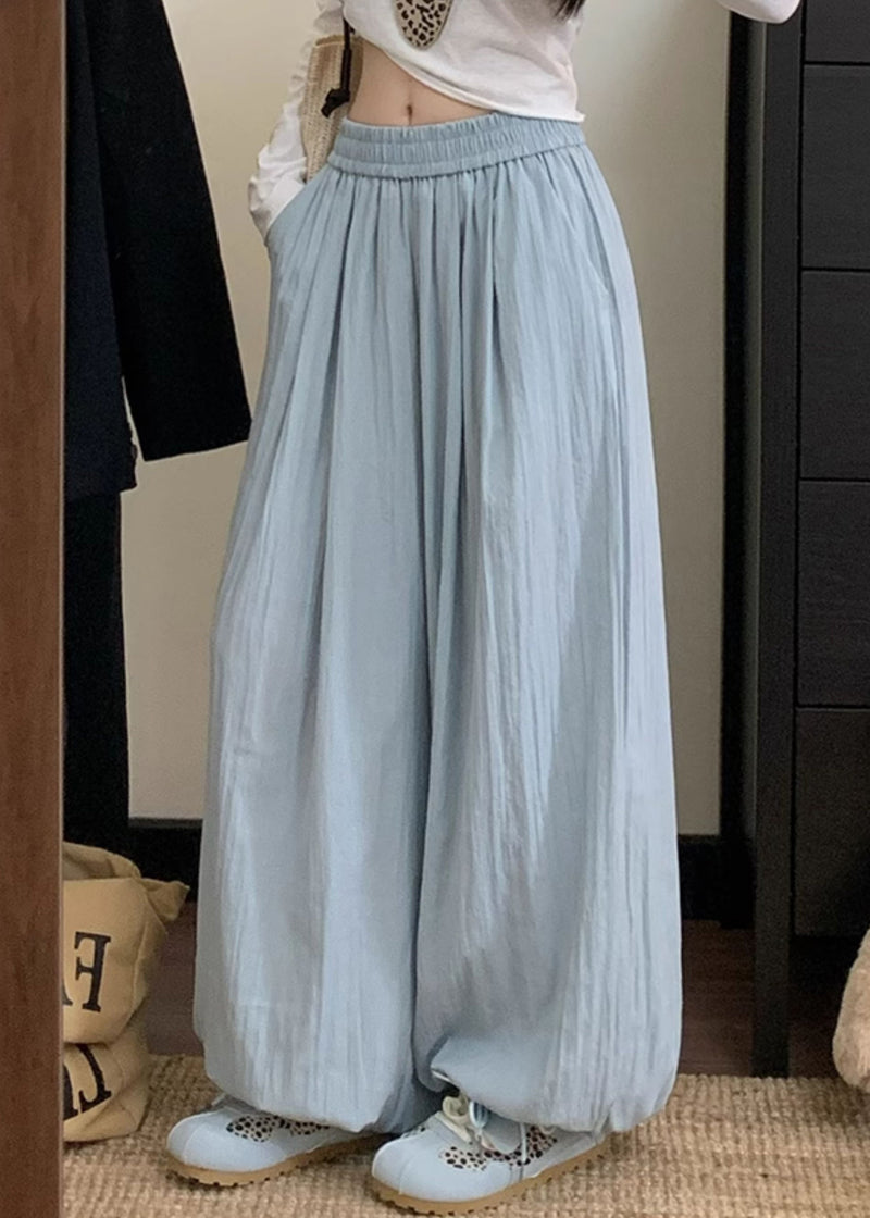 Blue Pockets Elastic Waist Cotton Pants Fall