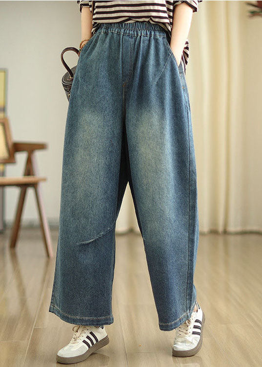 Blue Pockets Elastic Waist Denim Wide Leg Pants Spring