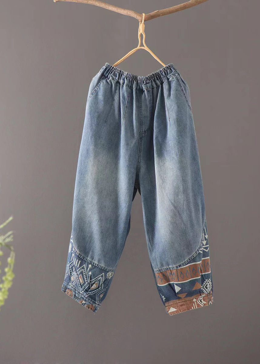 Blue Pockets Elastic Waist Patchwork Denim Crop Pants Summer