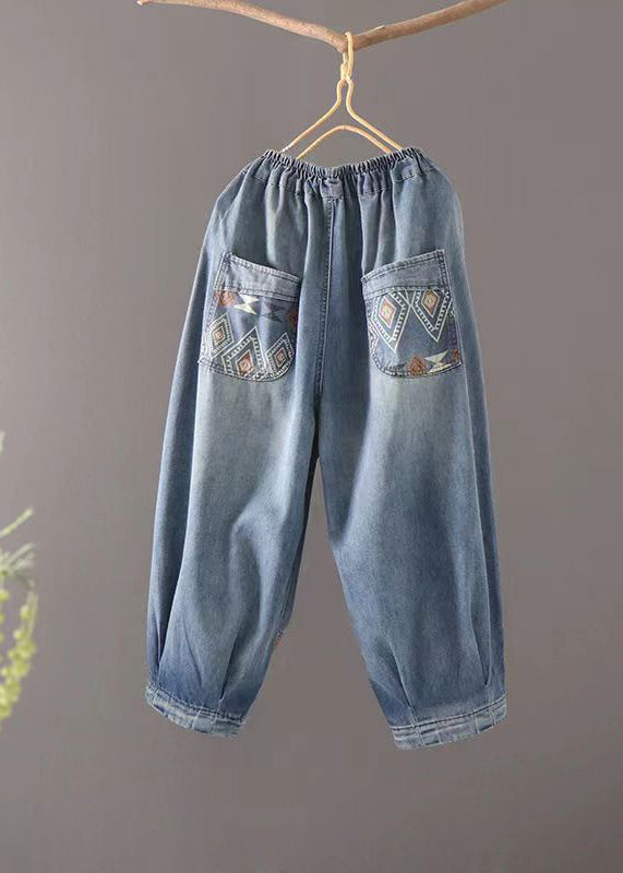 Blue Pockets Elastic Waist Patchwork Denim Crop Pants Summer