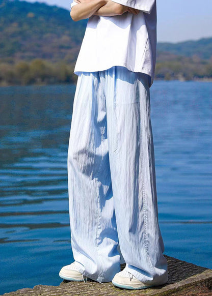 Blue Pockets Ice Silk Straight Pants Summer