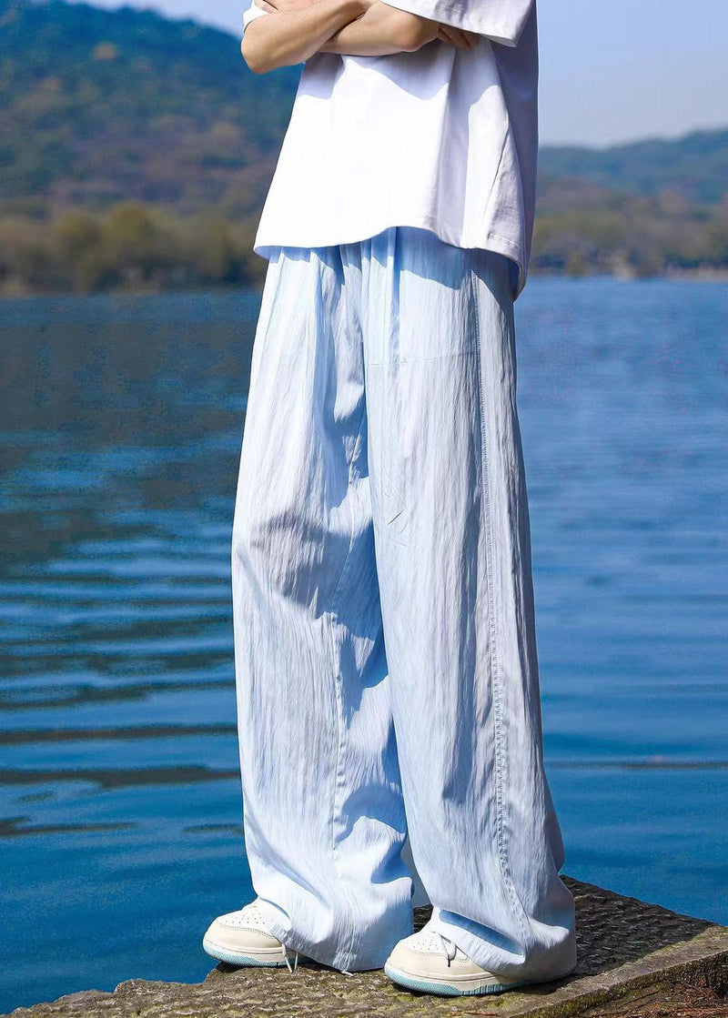 Blue Pockets Ice Silk Straight Pants Summer