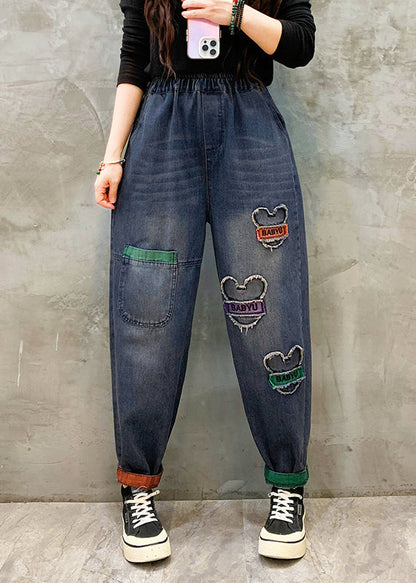 Blue Pockets Patch Elastic Waist Denim Pants Spring