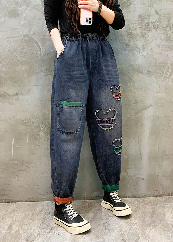 Blue Pockets Patch Elastic Waist Denim Pants Spring