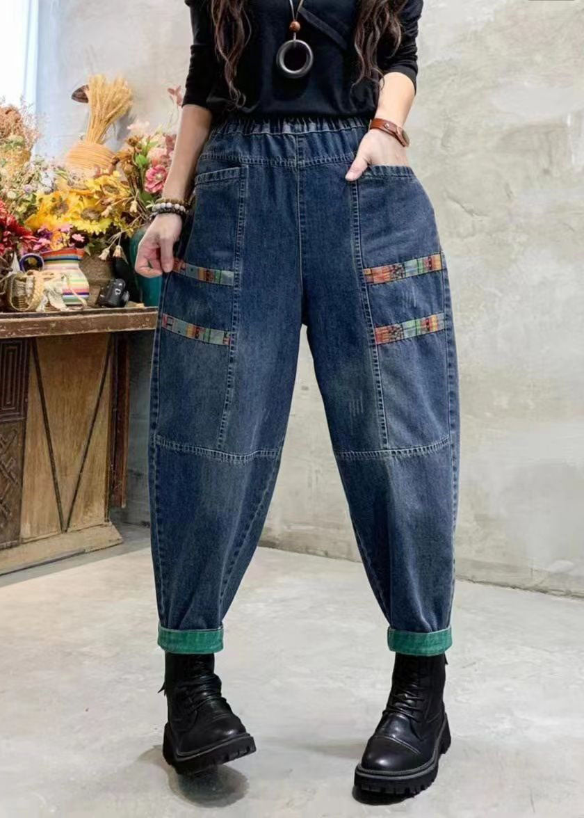 Blue Pockets Patchwork Applique Denim Harem Pants