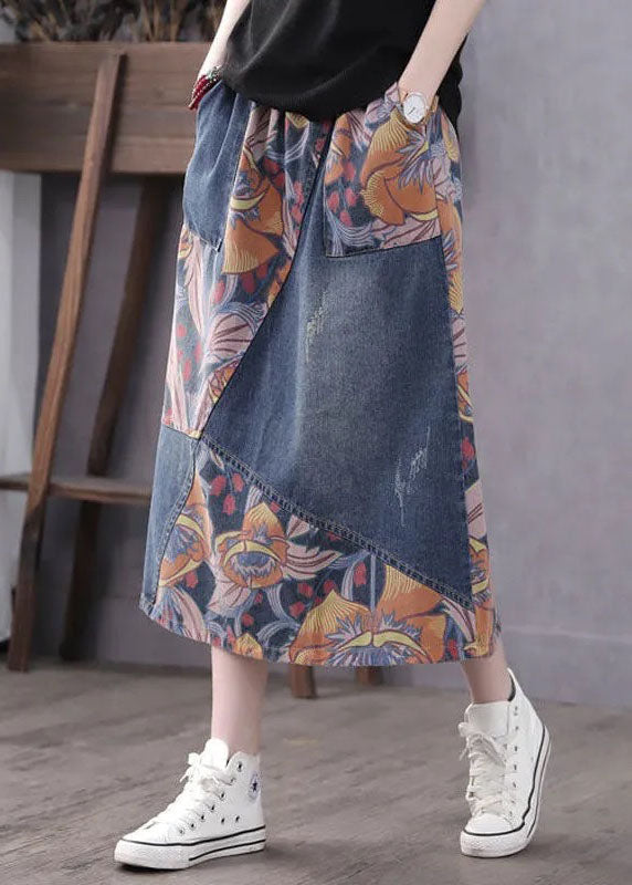Blue Pockets Patchwork Print a Line Fall Denim Skirts