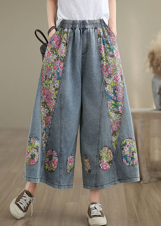 Blue Pockets Print Elastic Waist Denim Crop Wide Leg Pants Summer