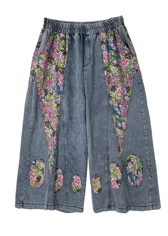 Blue Pockets Print Elastic Waist Denim Crop Wide Leg Pants Summer