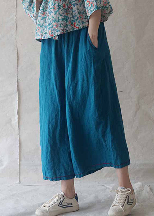 Blue Pockets Linen Wide Leg Pants Summer