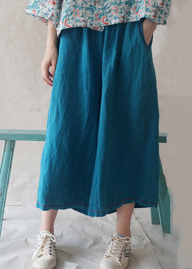 Blue Pockets Linen Wide Leg Pants Summer