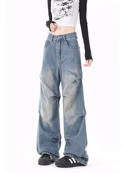Blue Pockets Wrinkled Denim Wide Leg Pants Spring