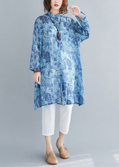 Blue Print Button Patchwork Linen Mid Shirts Dress Spring