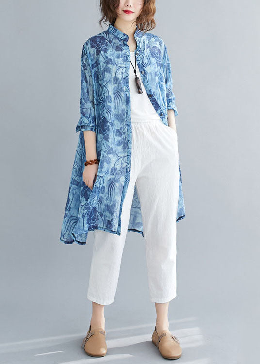 Blue Print Button Patchwork Linen Mid Shirts Dress Spring