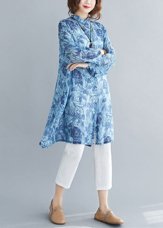 Blue Print Button Patchwork Linen Mid Shirts Dress Spring