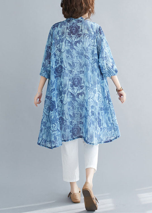 Blue Print Button Patchwork Linen Mid Shirts Dress Spring