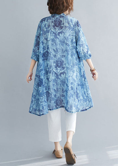 Blue Print Button Patchwork Linen Mid Shirts Dress Spring
