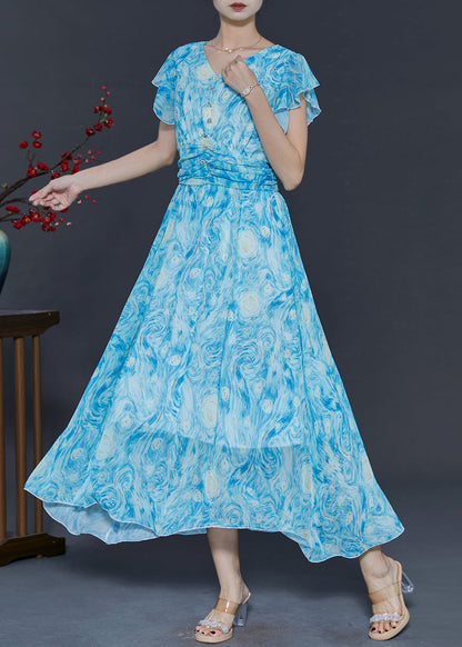 Blue Print Chiffon Beach Dress Butterfly Sleeve