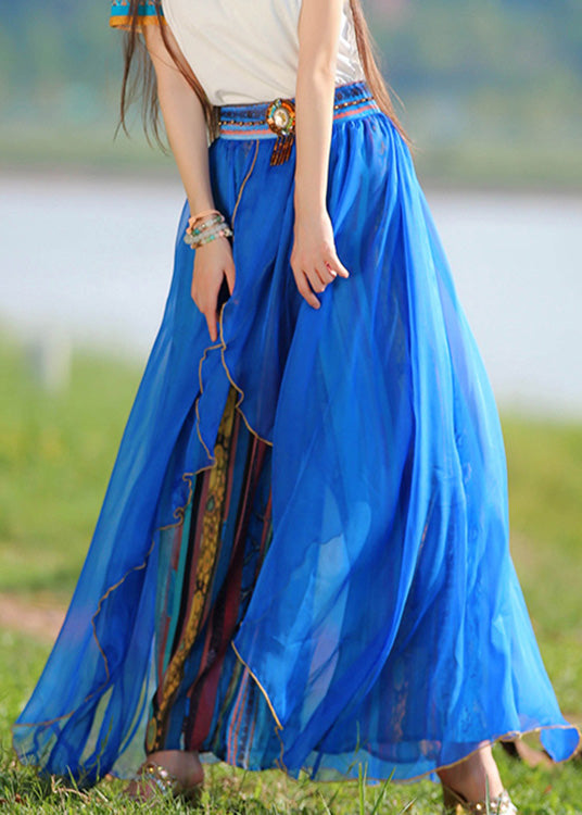 Blue Print Elastic Waist Chiffon Holiday Pants Skirt Summer