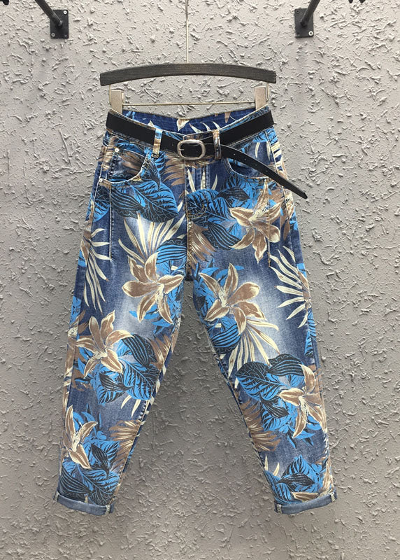 Blue Print High Waist Sashes Harem Pants