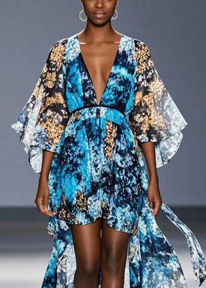 Blue Print Low High Design Chiffon Robe Dresses Summer