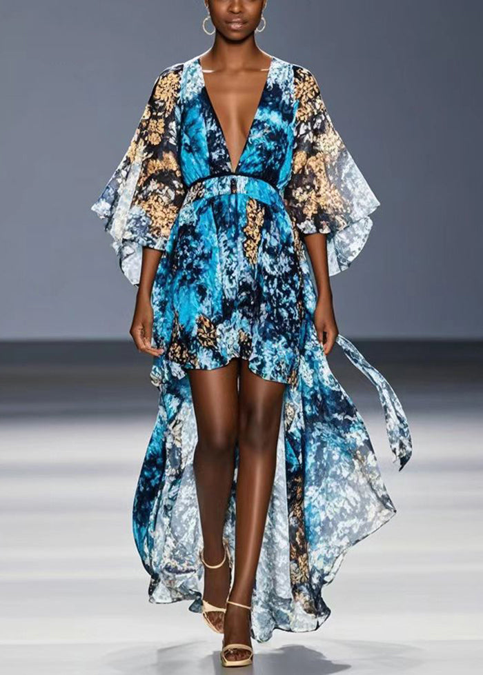 Blue Print Low High Design Chiffon Robe Dresses Summer