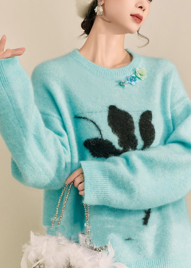 Blue Print Patchwork Thick Cotton Knit Sweater Long Sleeve
