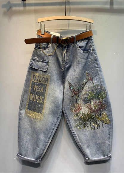 Blue Print Pockets Cotton Denim Crop Pants Summer