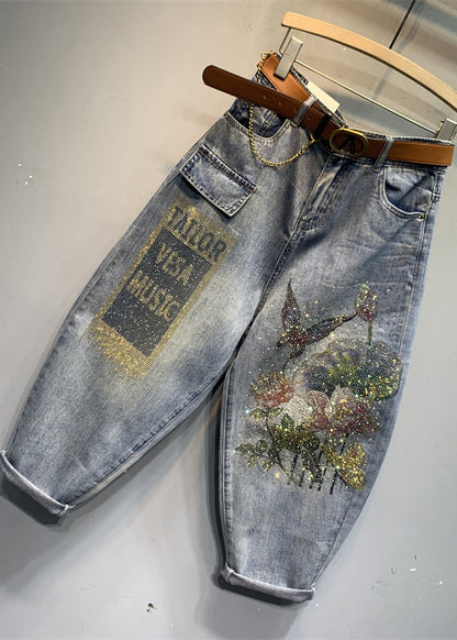 Blue Print Pockets Cotton Denim Crop Pants Summer