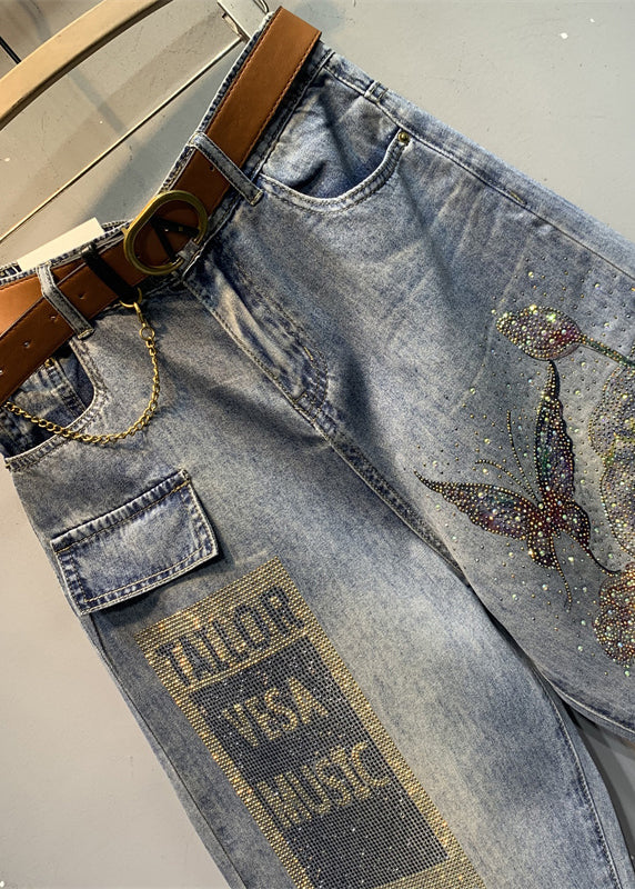 Blue Print Pockets Cotton Denim Crop Pants Summer