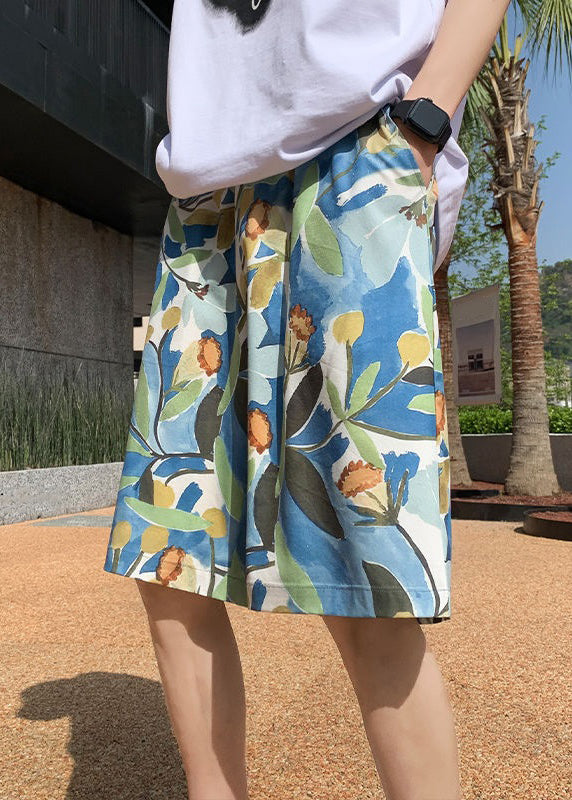 Blue Print Pockets Cotton Summer Shorts
