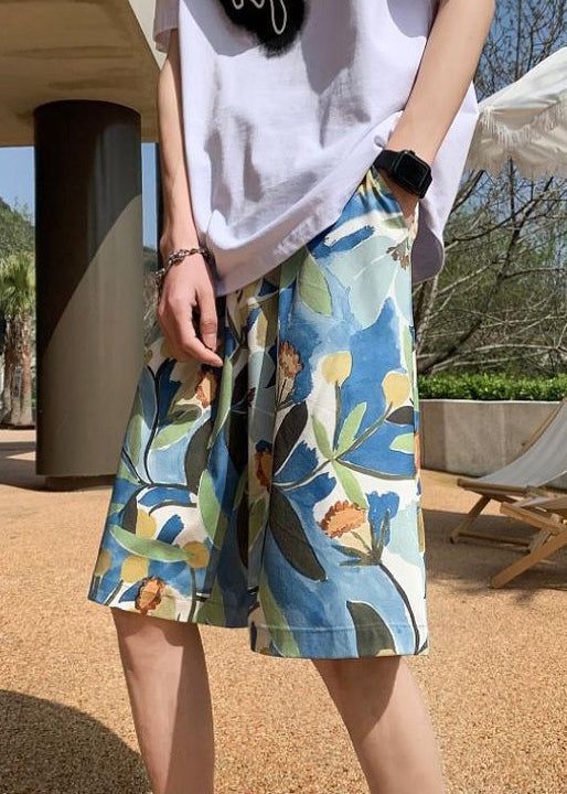 Blue Print Pockets Cotton Summer Shorts