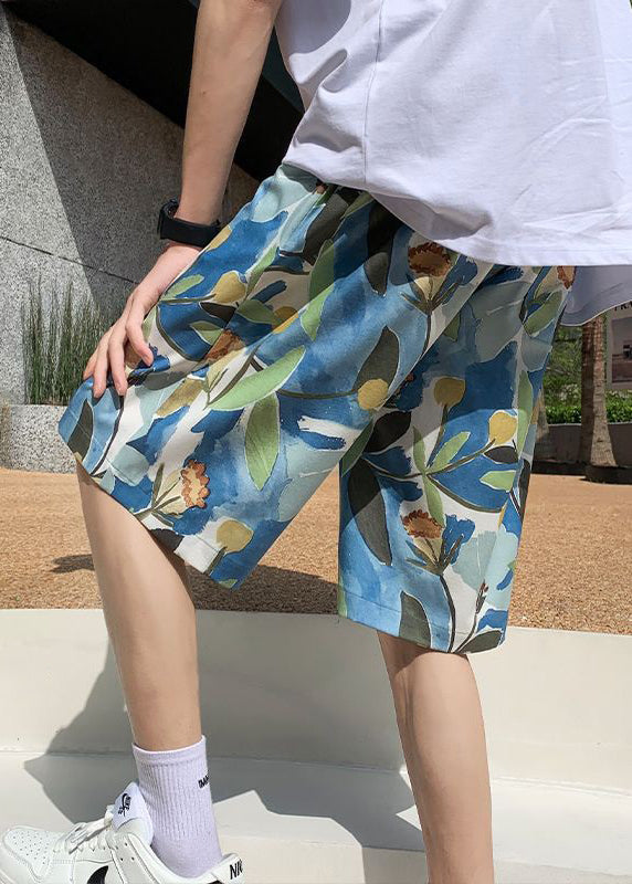 Blue Print Pockets Cotton Summer Shorts