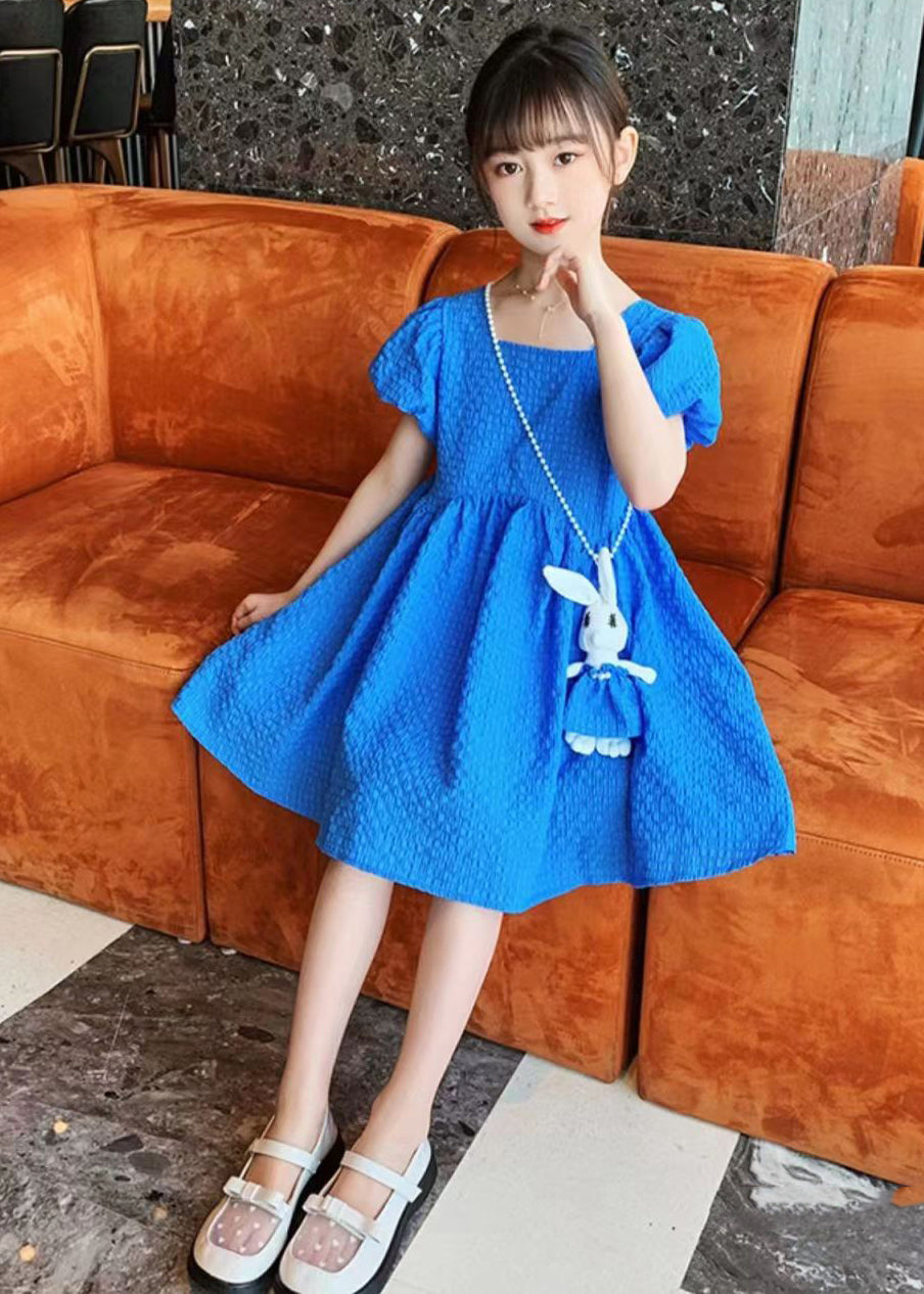 Blue Puff Sleeve Bow Rabbit Cotton Kids Long Dress Summer