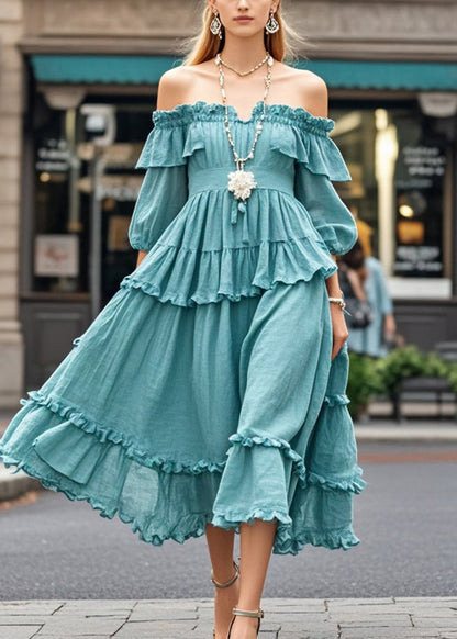 Blue Ruffled Cold Shoulder Cotton Dress Summer
