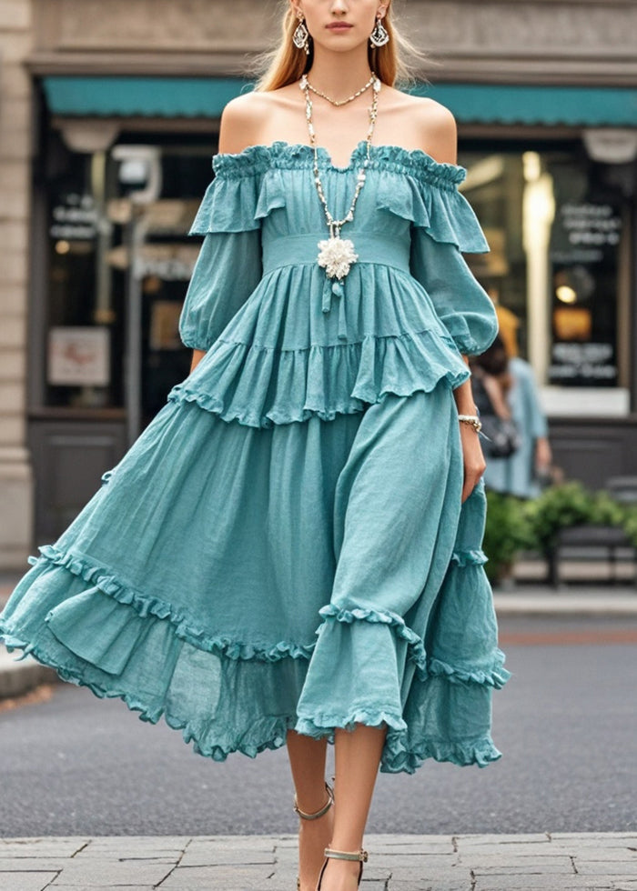 Blue Ruffled Cold Shoulder Cotton Dress Summer
