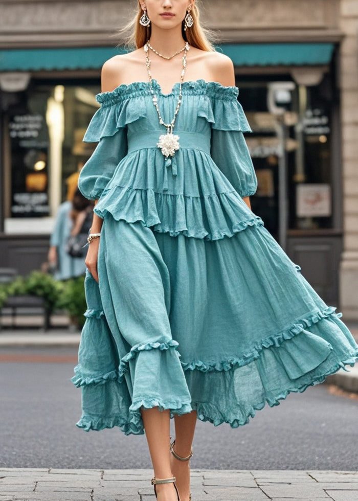 Blue Ruffled Cold Shoulder Cotton Dress Summer