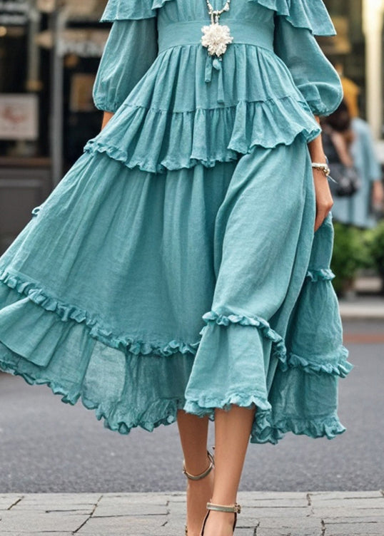 Blue Ruffled Cold Shoulder Cotton Dress Summer
