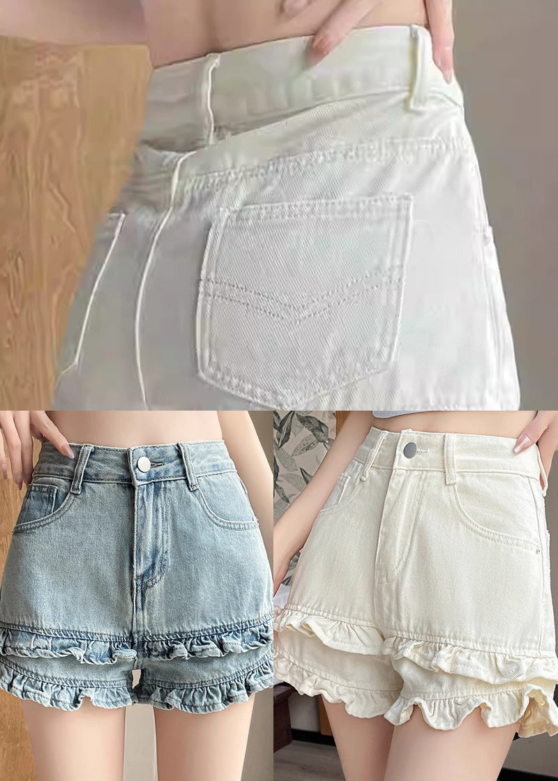 Blue Ruffled Patchwork Denim Shorts Summer