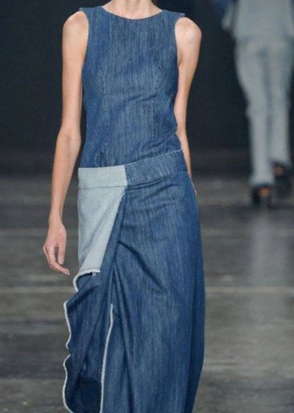 Blue Ruffled Patchwork Long Denim Dresses Sleeveless