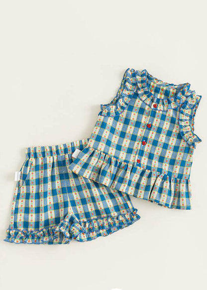 Blue Ruffled Print Kids Vest and Shorts Two Pieces Set Sleeveless