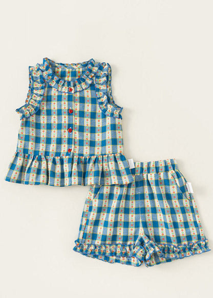 Blue Ruffled Print Kids Vest and Shorts Two Pieces Set Sleeveless