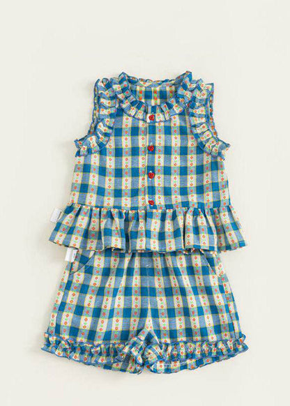 Blue Ruffled Print Kids Vest and Shorts Two Pieces Set Sleeveless